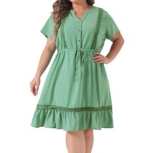 Plus Size Summer Tiered V Neck Midi Ruffle A Line Swing Dresses Light Green